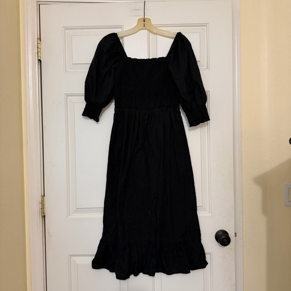 Sim & Sam Black Puff Sleeve Smocked Midi Women's Dress Size Small S